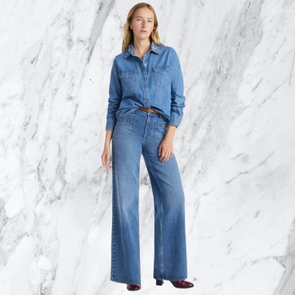 Free Assembly Super High Wide Leg Jeans Patch Pockets Artistic Wash size 10